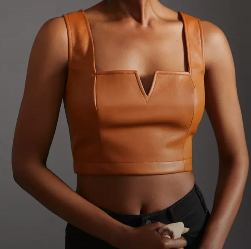 Anthropologie Maeve Faux Leather Camel Brown Notch Crop Tank 0.